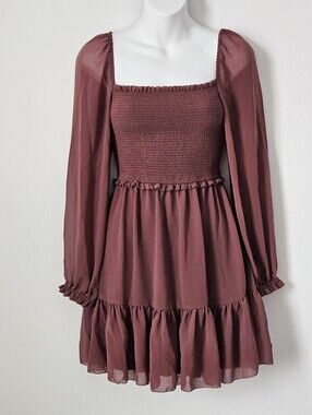 Wilfred Mauve Smocked Square Neck Long Sleeve Mini Dress